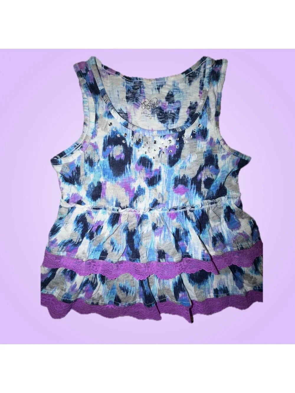 Justice Girls Size 10 Blue Purple Animal Print Tiered Lace Tank Top